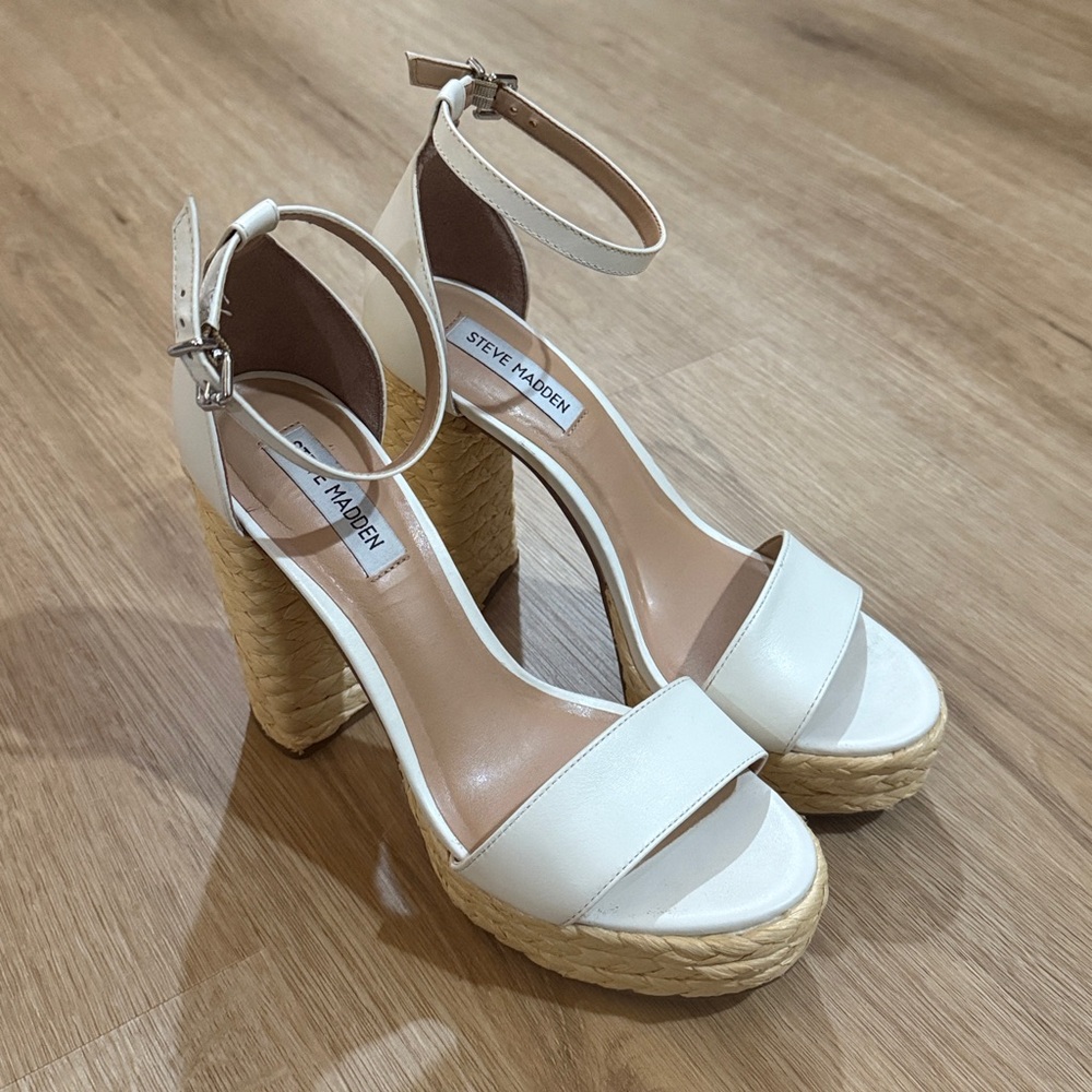 Steve Madden | White and Tan Strappy Platform Heels